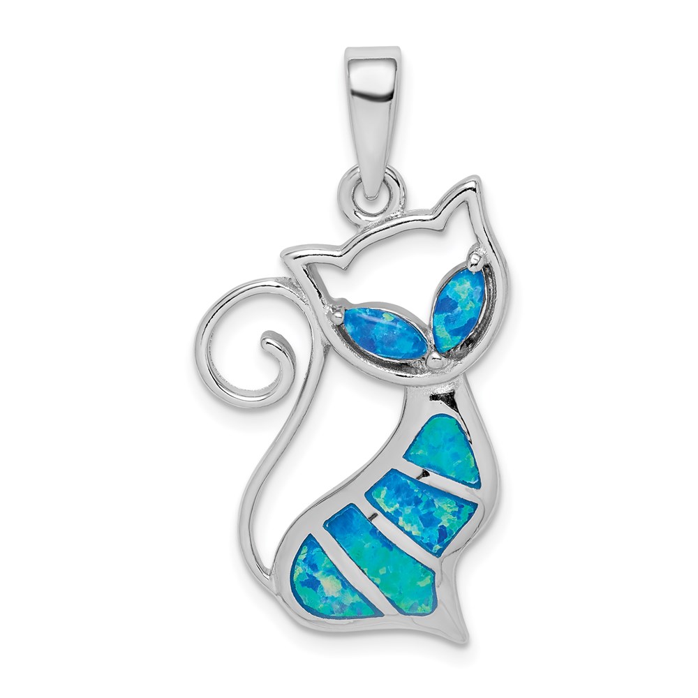 QP5128.jpg Sterling Silver Rhodium-plated Created Opal Cat Pendant - Image 1