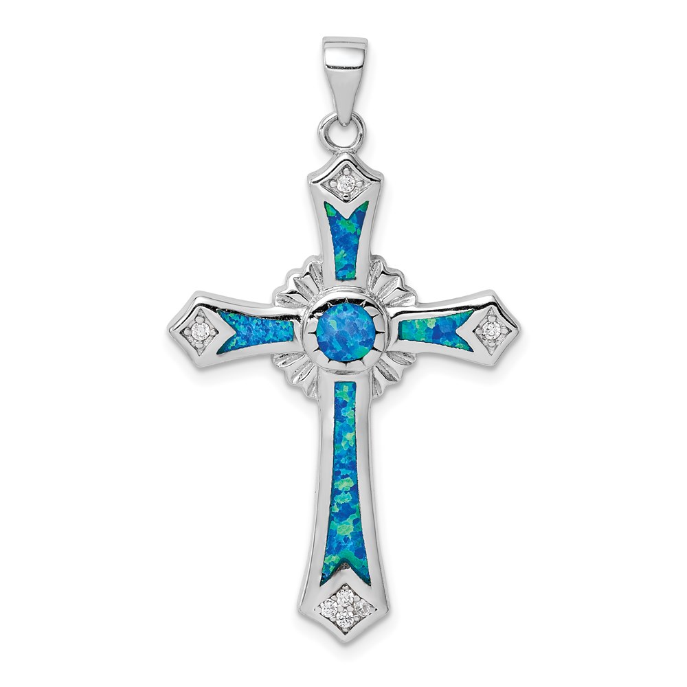 QP5143.jpg Sterling Silver Rhodium-plated Lab Created Blue Opal and Clear CZ Cross Pendant - Image 1