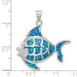 Sterling Silver Rhodium-plated Polished Created Blue Opal Fish Pendant - Image 4