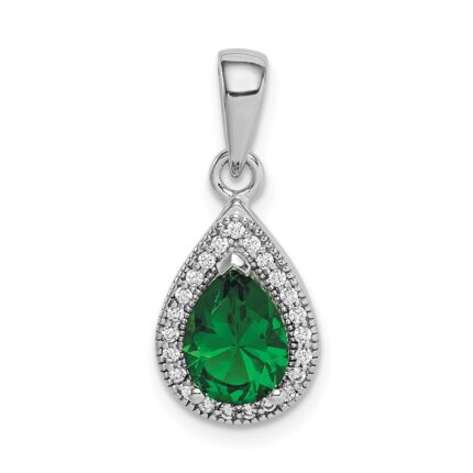 Sterling Silver Rhodium Plated Green and Clear CZ Pendant