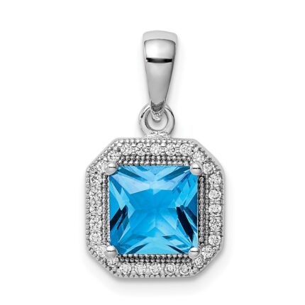 Sterling Silver Rhodium Plated Clear CZ and Square Blue CZ Pendant