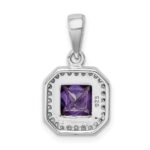 Sterling Silver Rhodium Plated Clear CZ and Square Purple CZ Pendant - Image 3