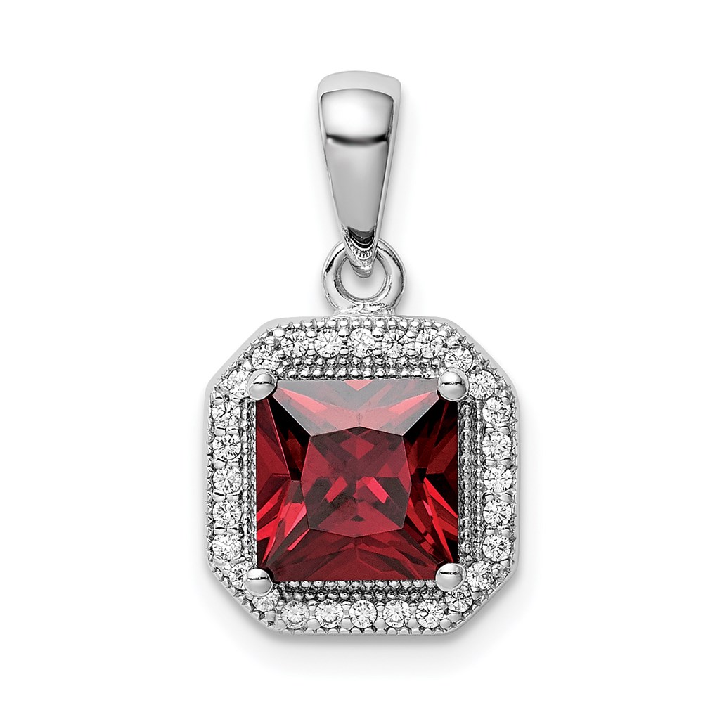 QP5265JAN.jpg Sterling Silver Rhodium Plated Clear CZ and Square Red CZ Pendant - Image 1
