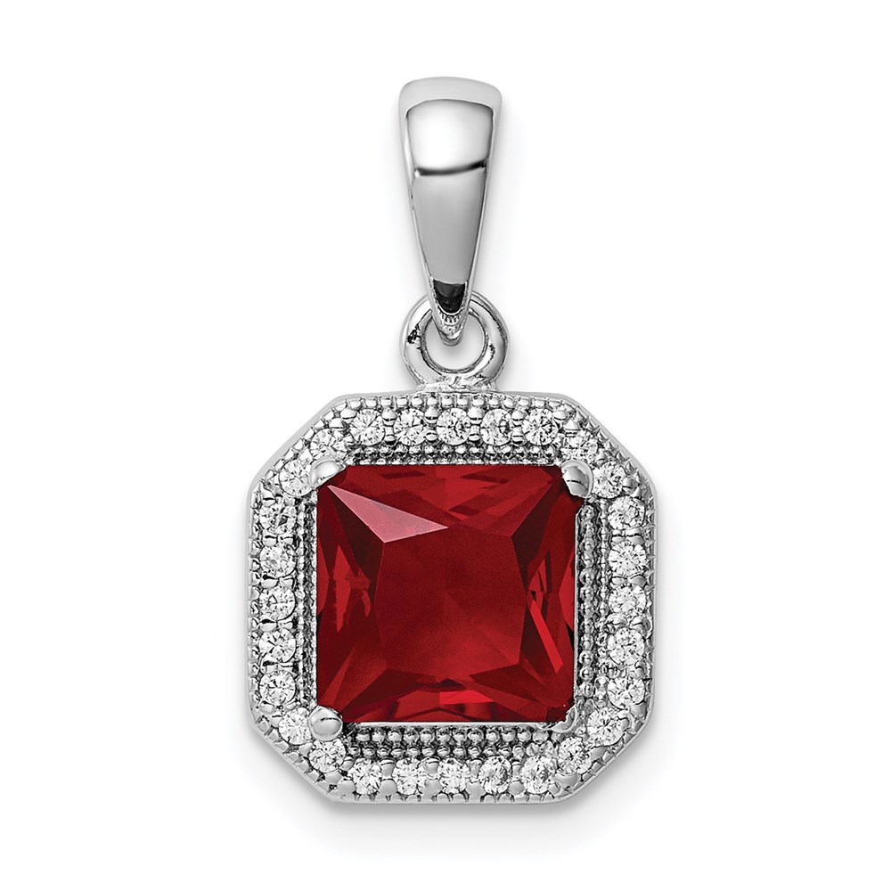 QP5265JUL.jpg Sterling Silver Rhodium Plated Clear CZ and Square Red CZ Pendant - Image 1