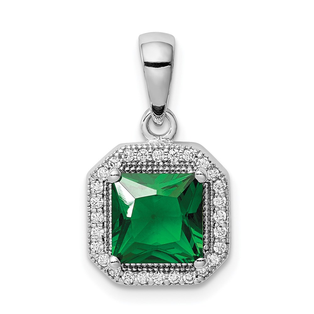 QP5265MAY.jpg Sterling Silver Rhodium Plated Clear CZ and Square Green CZ Pendant - Image 1