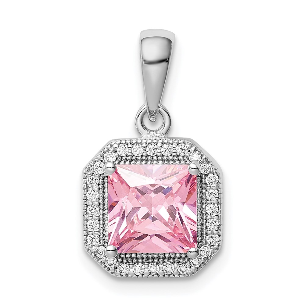 QP5265OCT.jpg Sterling Silver Rhodium Plated Clear CZ and Square Pink CZ Pendant - Image 1