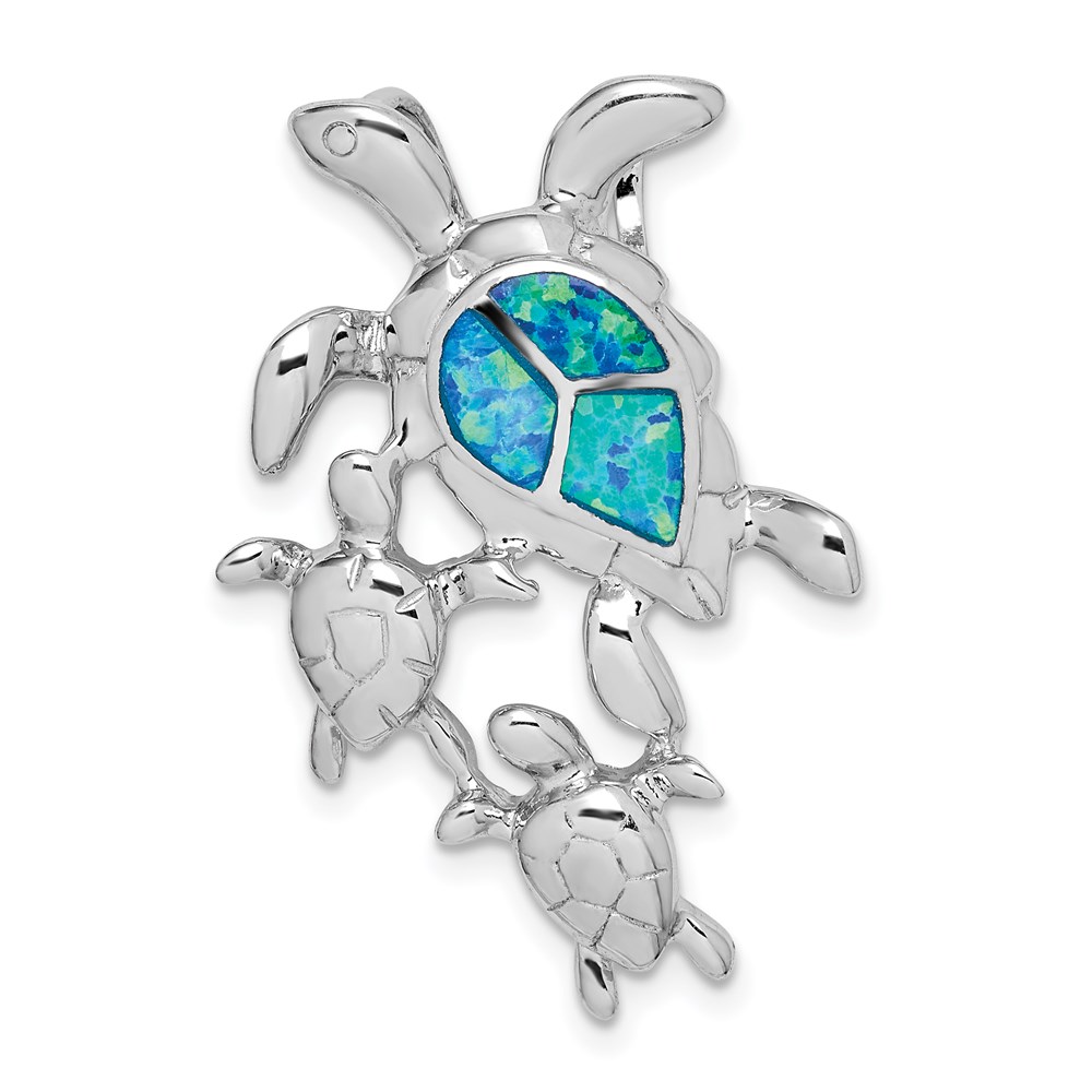 QP5337.jpg Sterling Silver Rhodium-plated Created Blue Opal Sea Turtles Slide - Image 1
