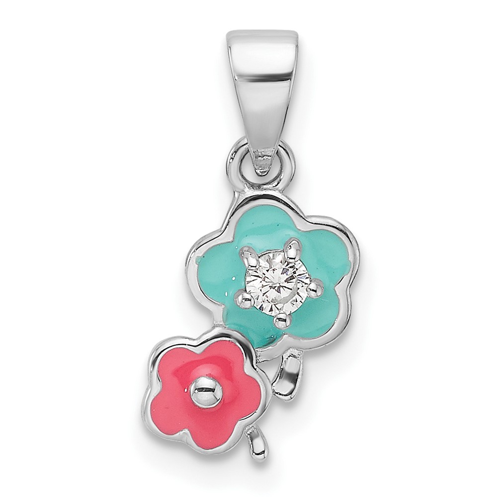 QP5845.jpg Sterling Silver RH-plated Blue/Pink Enamel & CZ Floral Children's Pendant - Image 1