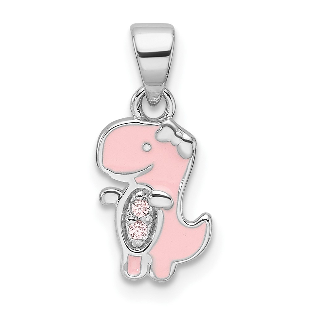 QP5857.jpg Sterling Silver RH-plated Pink Enamel & CZ Dinosaur Children's Pendant - Image 1