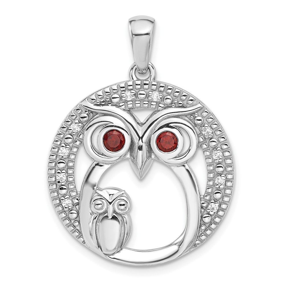 QP5892.jpg Sterling Silver Rhodium-plated Garnet and CZ Owls Pendant - Image 1
