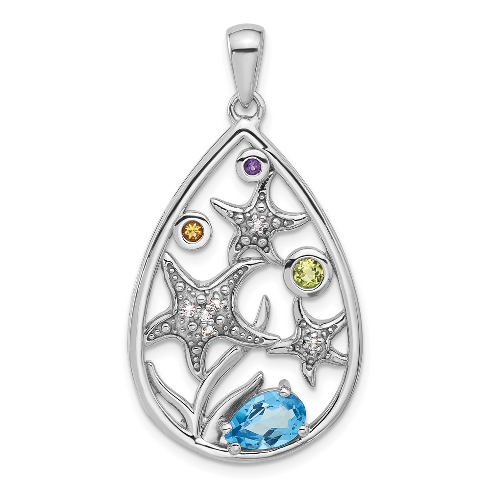 QP5894.jpg Sterling Silver Rhodium-plated Polished Rainbow Multi-Gemstone Starfish Pendant - Image 1