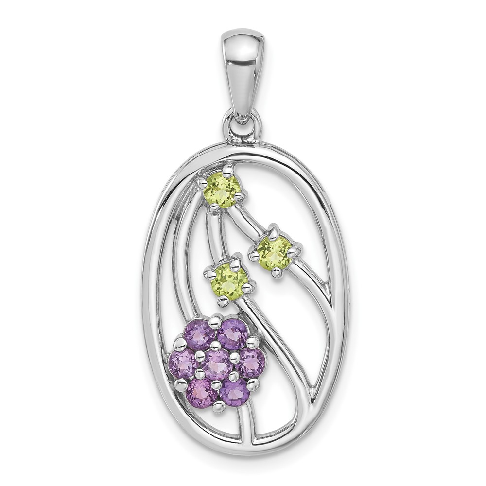 QP5896.jpg Sterling Silver Rhodium-plated Amethyst and Peridot Flower Pendant - Image 1