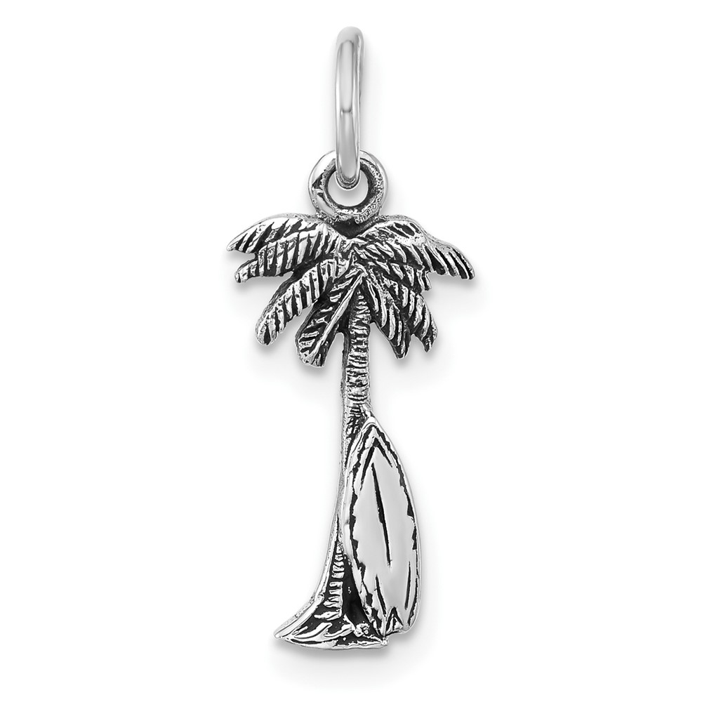 QP5901.jpg Sterling Silver Rhodium-plated Antiqued Palm Tree and Surfboard Pendant - Image 1