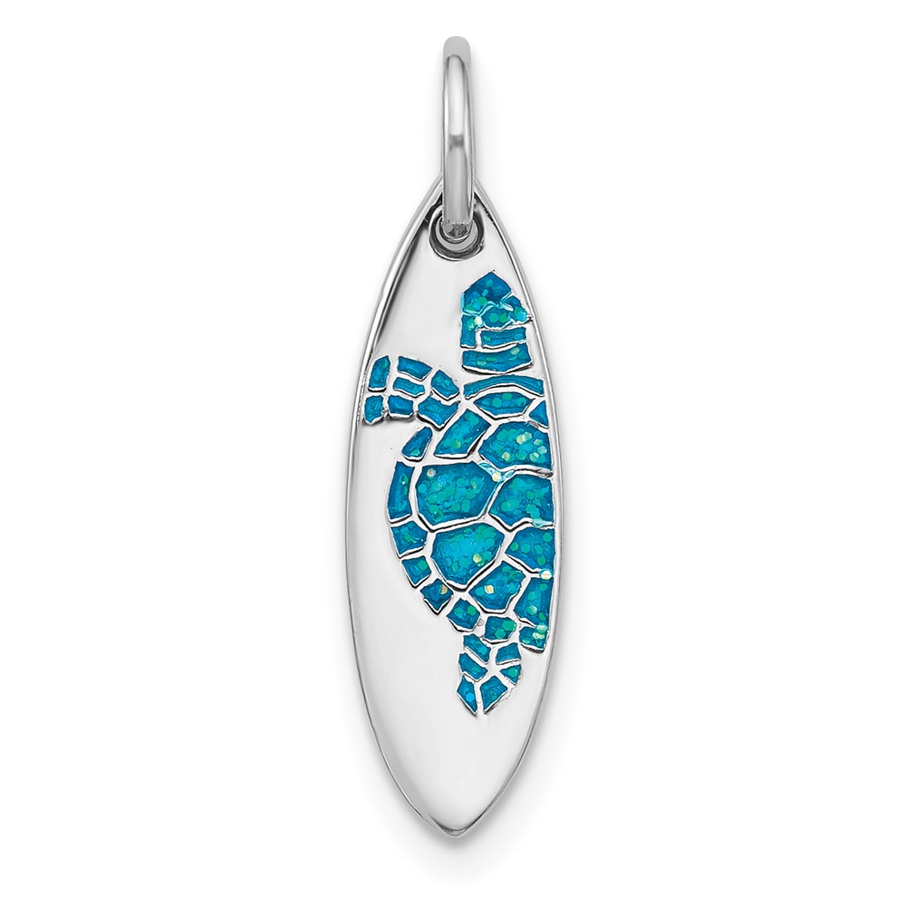 QP5904.jpg Sterling Silver Rhodium-plated Polished Blue Enamel Turtle Surfboard Pendant - Image 1