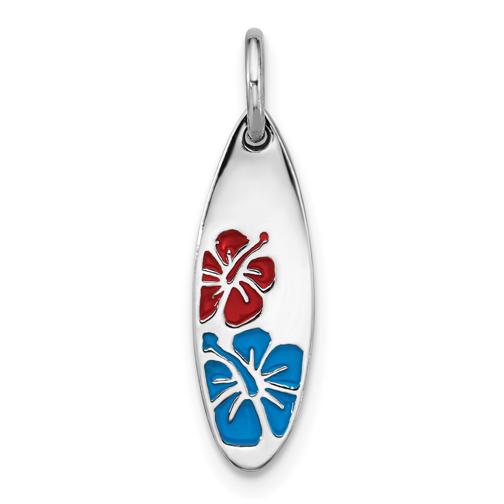 QP5905.jpg Sterling Silver Rhodium-plated Polished Enamel Flower Surfboard Pendant - Image 1