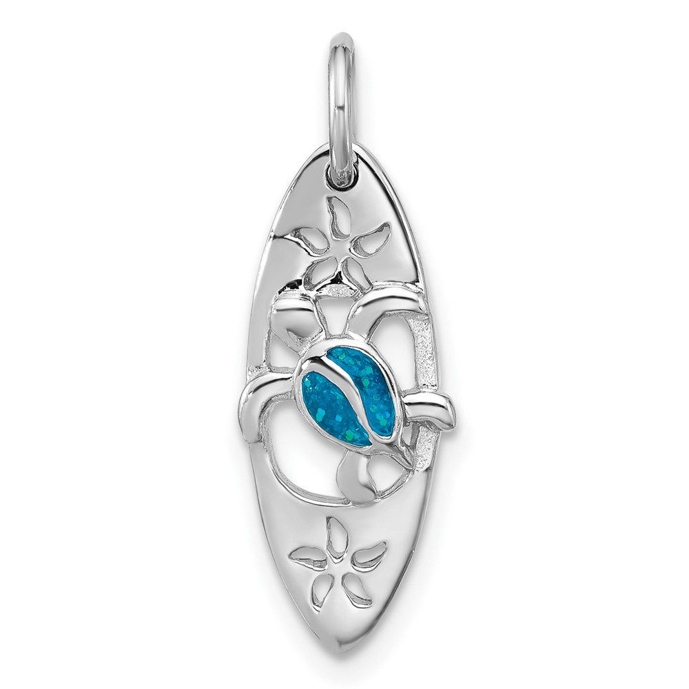 QP5907.jpg Sterling Silver Rhodium-plated Polished Blue Enamel Turtle Surfboard Pendant - Image 1