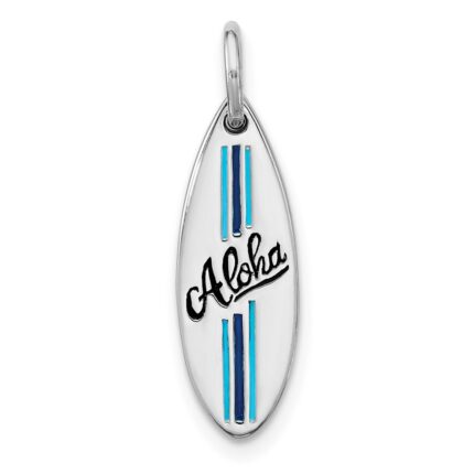 Sterling Silver Rhodium-plated Polished Blue and Black Enamel Aloha Surfboard Pendant