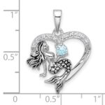 Sterling Silver Rhodium-plated Polished and Antiqued Blue CZ Mermaid Heart Pendant - Image 4