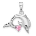 Sterling Silver Rhodium-plated Polished and Antiqued Pink CZ Dolphin Pendant