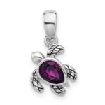 Sterling Silver Rhodium-plated Polished and Antiqued Crystal February Birthstone Turtle Pendant