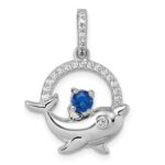 Sterling Silver Rhodium-plated Round Blue and White CZ Dolphin in Circle Pendant