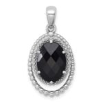 Sterling Silver Rhodium-plated Polished and Beaded Faceted Black Onyx Oval Pendant