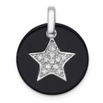 Sterling Silver Rhodium-plated Polished Onyx Circle with CZ Star Dangle Pendant