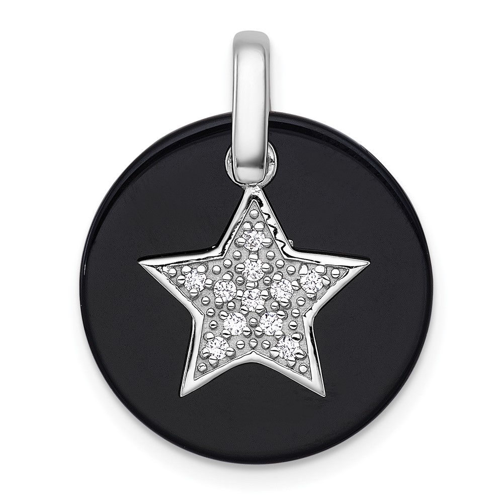 QP5940.jpg Sterling Silver Rhodium-plated Polished Onyx Circle with CZ Star Dangle Pendant - Image 1