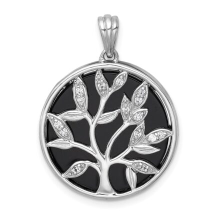 Sterling Silver Rhodium-plated Polished Onyx Circle and CZ Tree of Life Pendant