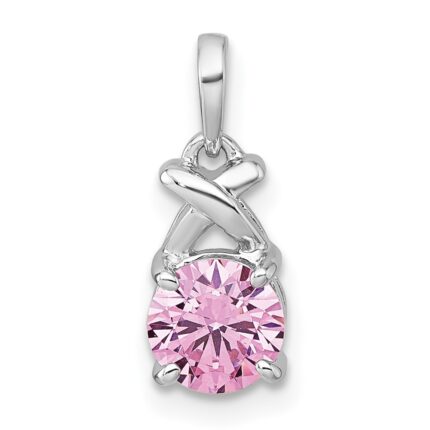 Sterling Silver Rhodium-plated Polished Round Pink CZ -X- Pendant