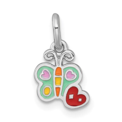 Sterling Silver Rhodium-plated Polished Green/Yellow/Orange/Red Enamel Butterfly And Heart Childrens Pendant