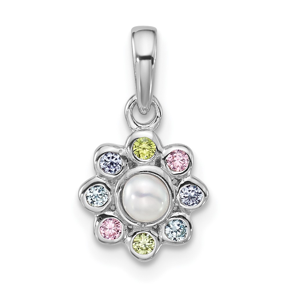 QP5961.jpg Sterling Silver Rhodium-plated Polished Green, Pink, Blue and Purple CZ and Freshwater Cultured Pearl Flower Pendant - Image 1