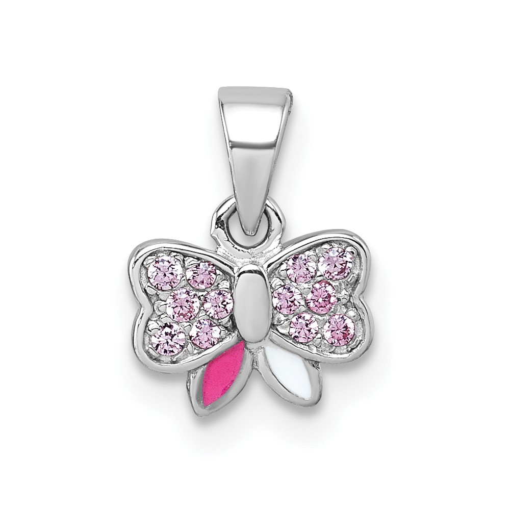 QP5973.jpg Sterling Silver Rhodium-plated Children's Pink CZ with Pink and White Enamel Bow Pendant - Image 1