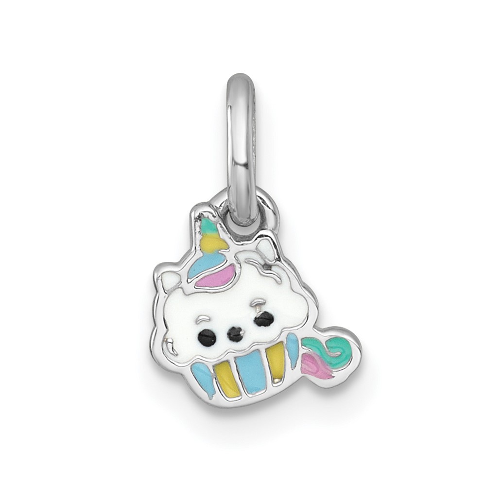 QP5974.jpg Sterling Silver Rhodium-plated Polished White and Rainbow Enamel Unicorn Cupcake Childrens Pendant - Image 1