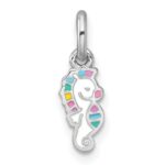 Sterling Silver Rhodium-plated Polished White and Rainbow Enamel Seahorse Childrens Pendant