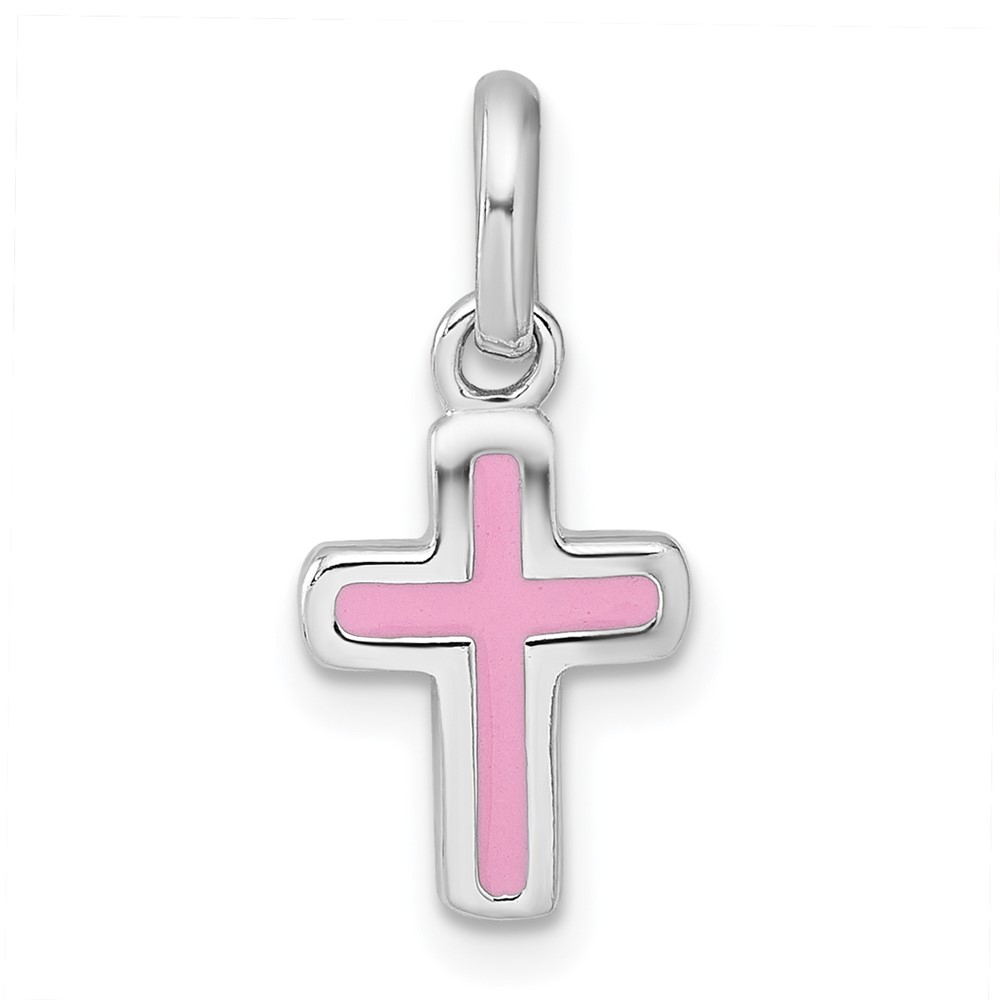 QP5989.jpg Sterling Silver Rhodium-plated Polished Pink Enamel Childrens Cross Charm Pendant - Image 1