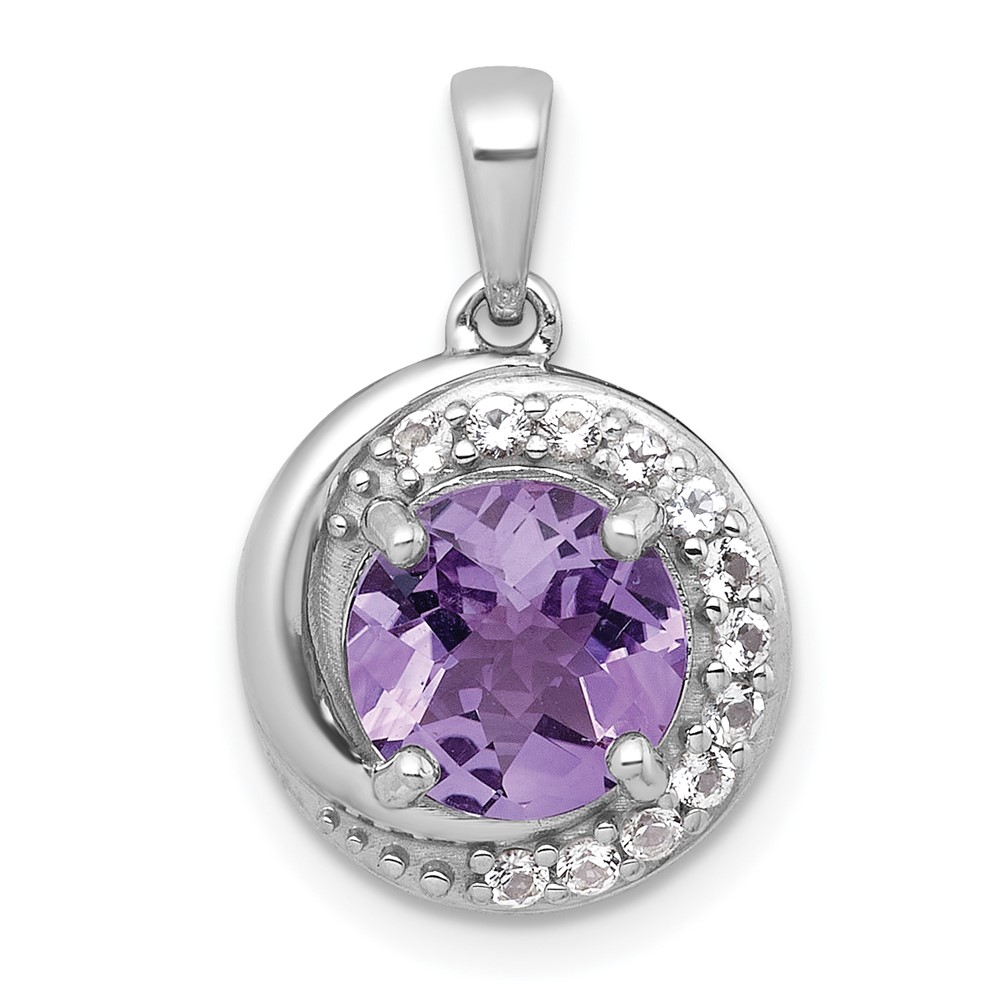 QP6009AM.jpg Sterling Silver Rhodium-plated Polished Checker-cut Round Amethyst and White Topaz Circle Pendant - Image 1