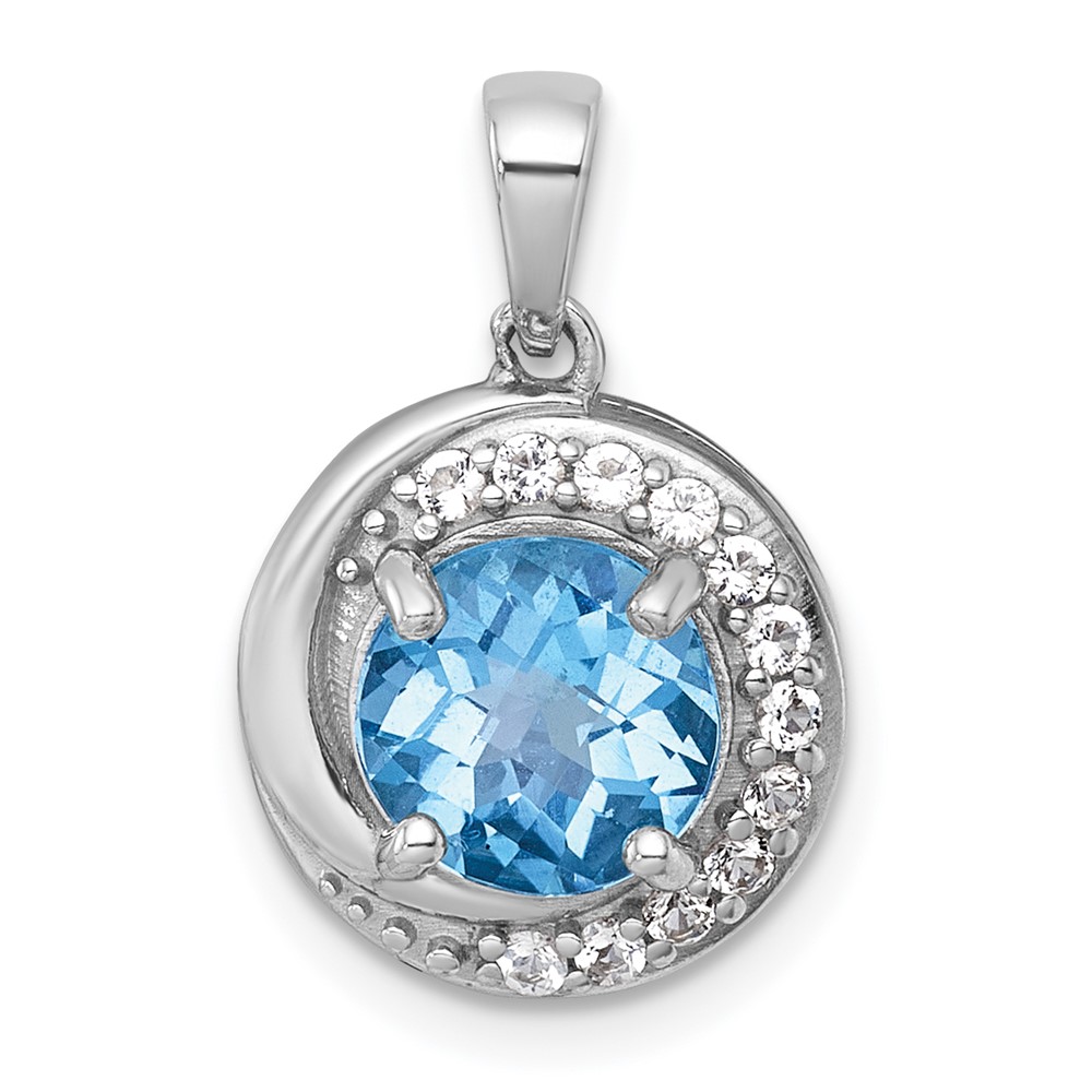QP6009BT.jpg Sterling Silver Rhodium-plated Polished Checker-cut Round Light Swiss Blue Topaz and White Topaz Circle Pendant - Image 1