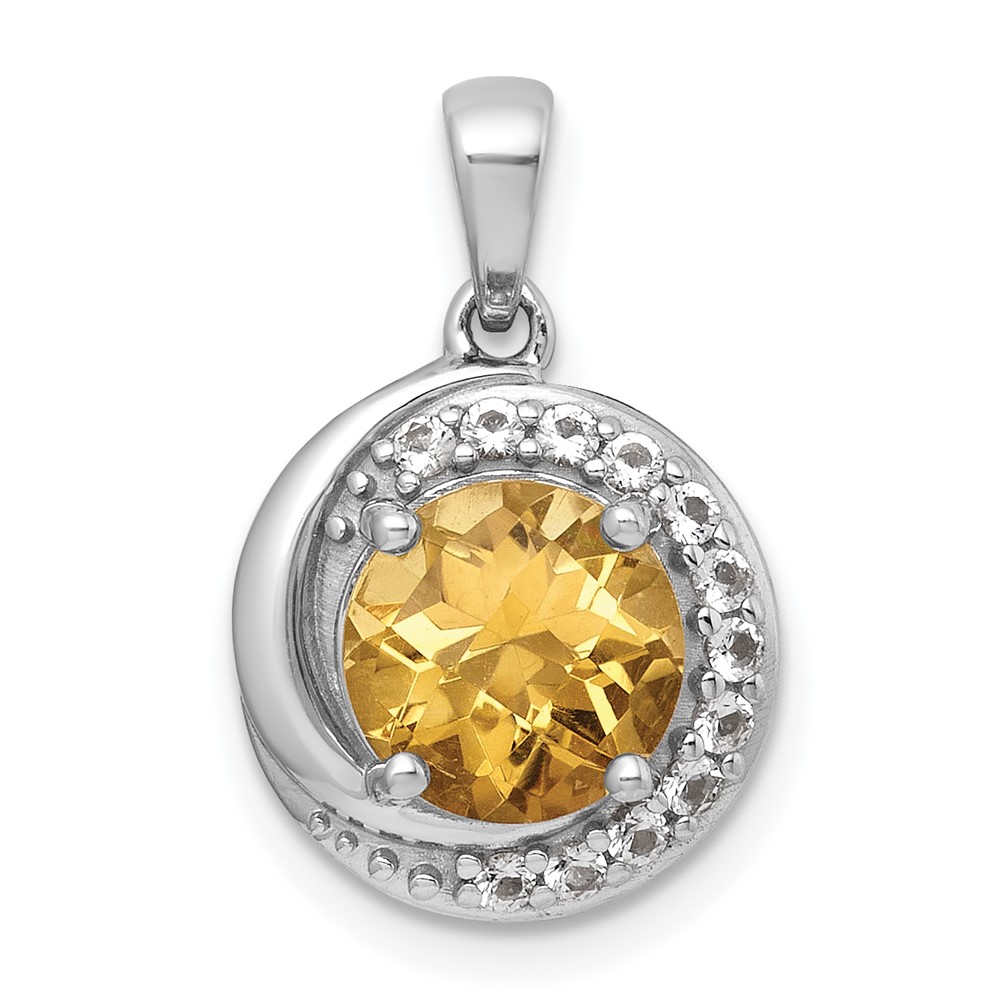 QP6009CI.jpg Sterling Silver Rhodium-plated Polished Checker-cut Round Citrine and White Topaz Circle Pendant - Image 1