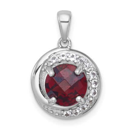 Sterling Silver Rhodium-plated Polished Checker-cut Round Garnet and White Topaz Circle Pendant