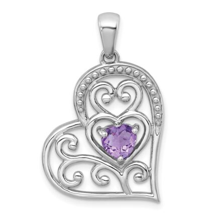 Sterling Silver Rhodium-plated Polished and Beaded Amethyst Filigree Heart Pendant