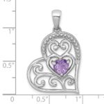 Sterling Silver Rhodium-plated Polished and Beaded Amethyst Filigree Heart Pendant - Image 4