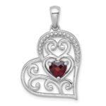 Sterling Silver Rhodium-plated Polished and Beaded Garnet Filigree Heart Pendant
