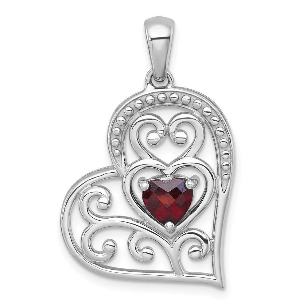 QP6013GA.jpg Sterling Silver Rhodium-plated Polished and Beaded Garnet Filigree Heart Pendant - Image 1