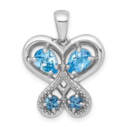 Sterling Silver Rhodium-plated Polished Light Swiss Blue Topaz and London Blue Topaz Heart Butterfly Pendant