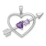 Sterling Silver Rhodium-plated Polished Amethyst and Rose de France Quartz Arrow Heart Pendant