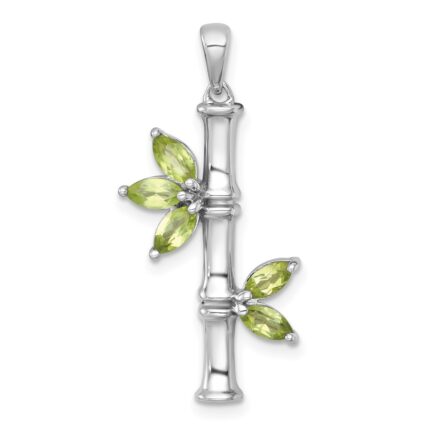 Sterling Silver Rhodium-plated Polished Fancy Peridot Bamboo with Leaves Pendant