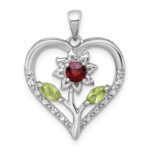 Sterling Silver Rhodium-plated Polished Garnet, Peridot and White Topaz Flower in Heart Pendant