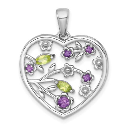 Sterling Silver Rhodium-plated Polished Amethyst and Peridot Flowers in Heart Pendant