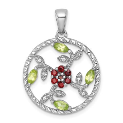 Sterling Silver Rhodium-plated Polished Garnet, Peridot and White Topaz Floral Twisted Circle Pendant